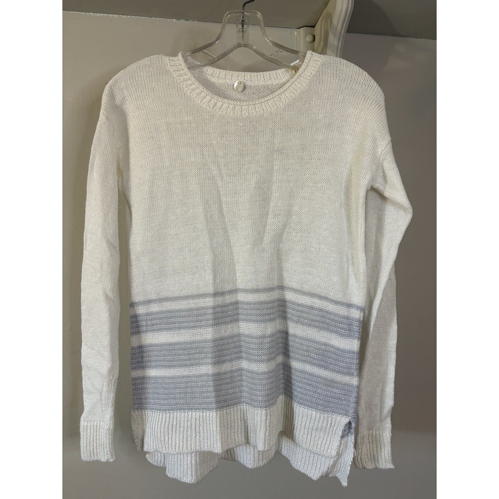MARGARET O'LEARY White & Light‎ Blue Striped Linen Sweater XS